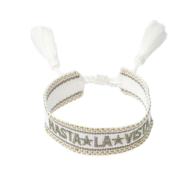 Woven Friendship Bracelet - "Hasta La Vista" White W/Sparkled Taupe